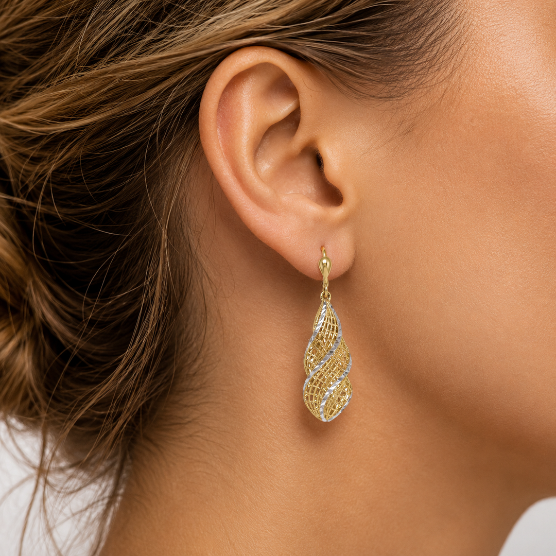 Two Tone Fancy Diamond Cut Tear Drop Earrings - worn on ear