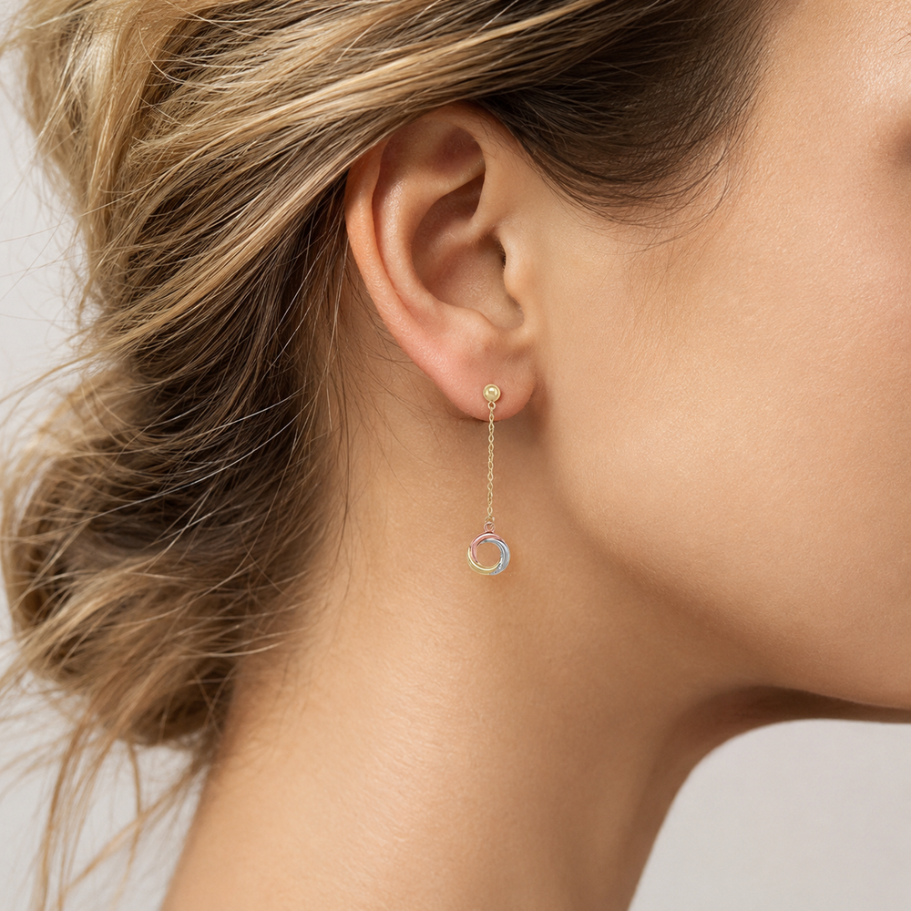 Tri Colour Knot Drop Earrings - worn on ear