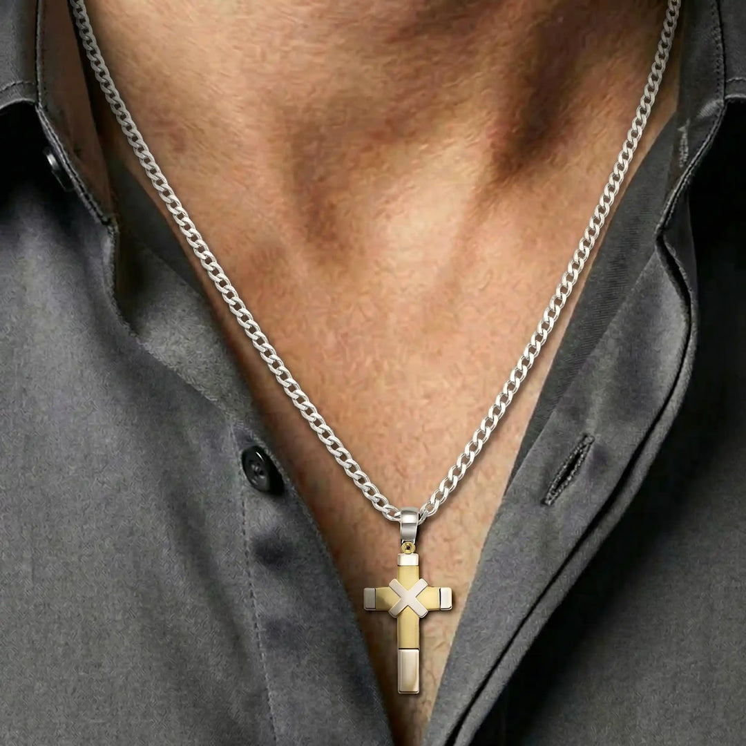 Modern Latin Two-Tone Gold Cross Pendant worn on mens chest