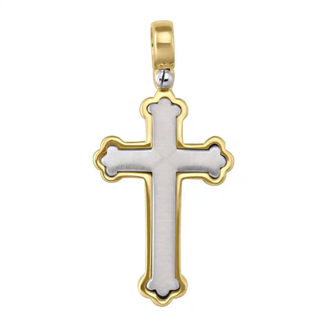 Budded Latin Two-Tone Gold Cross Pendant on white background