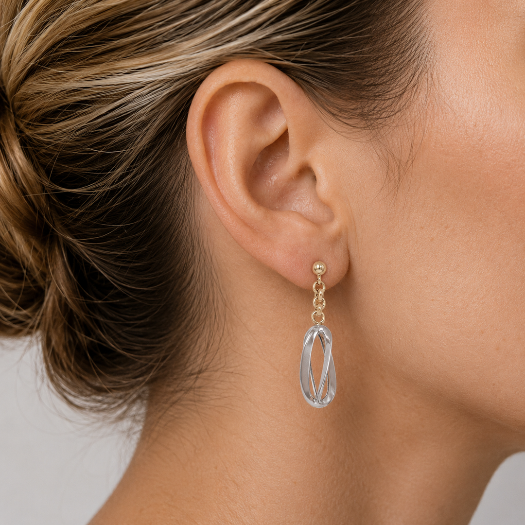 Two Tone Fancy Drop Earrings - worn on ear