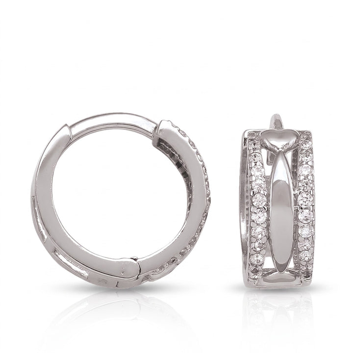 White Gold CZ Huggie Hoop Earrings, 13.1mm