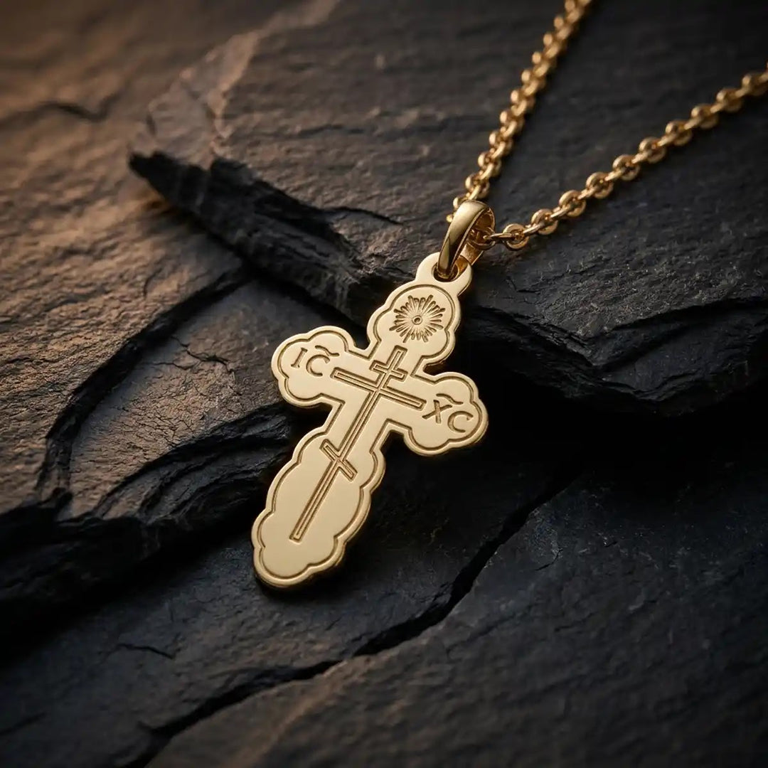 Three-Bar Orthodox Yellow Gold Cross Pendant on stone