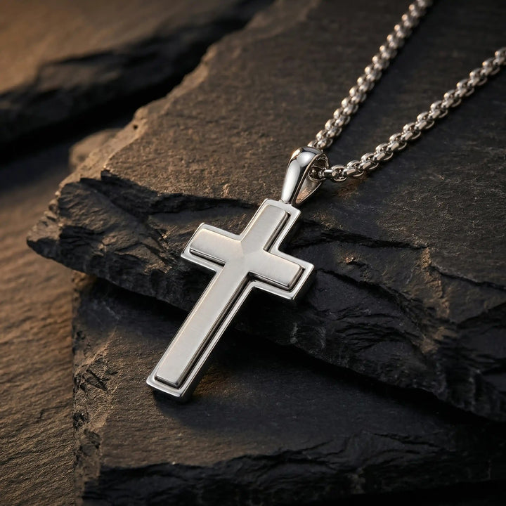 Framed Latin White Gold Cross Pendant on stone
