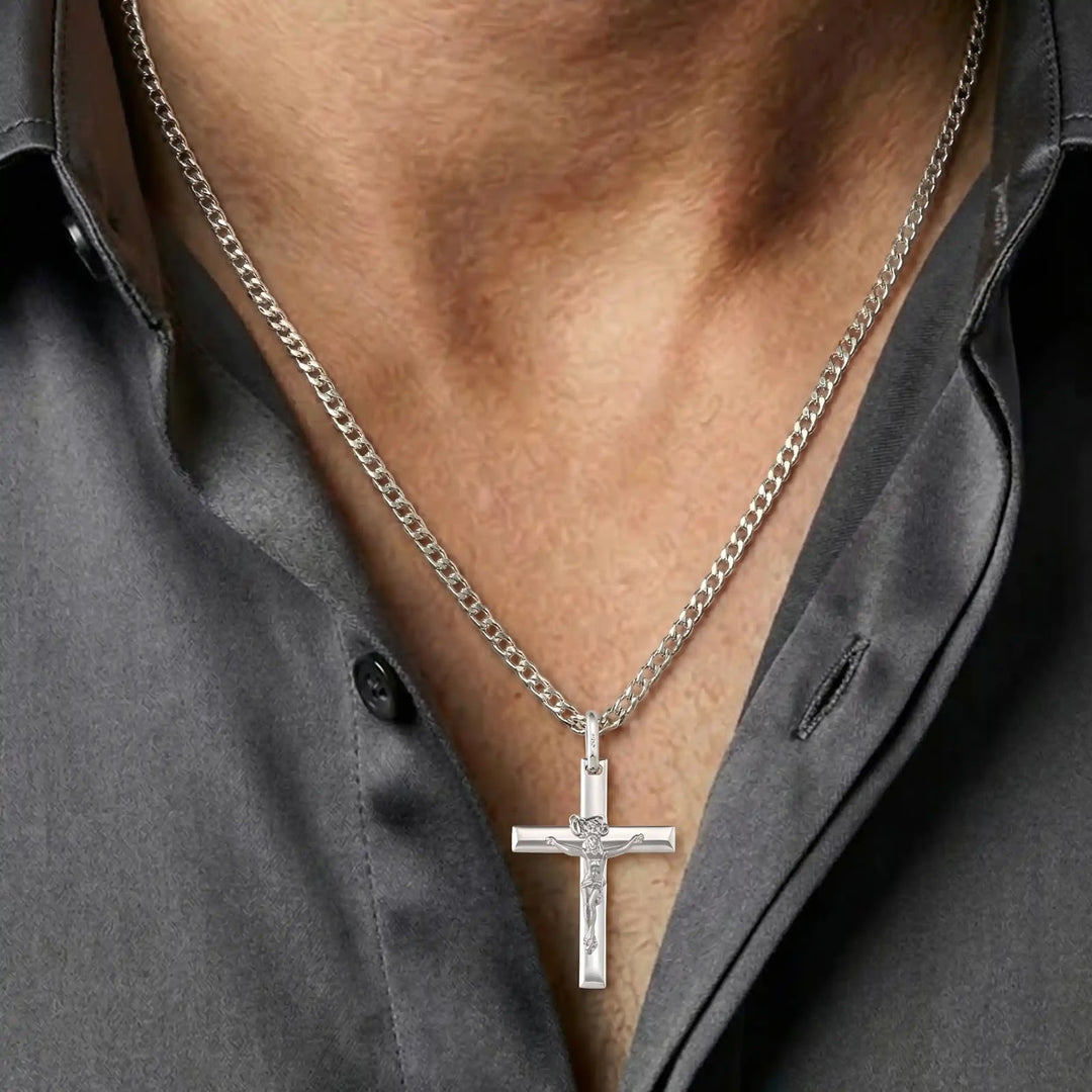 Latin Crucifix White Gold Cross Pendant worn on mens chest