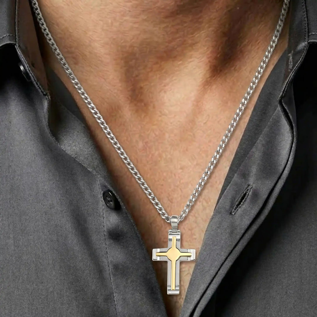 Layered Latin Two-Tone Gold Cross Pendant worn on mens chest