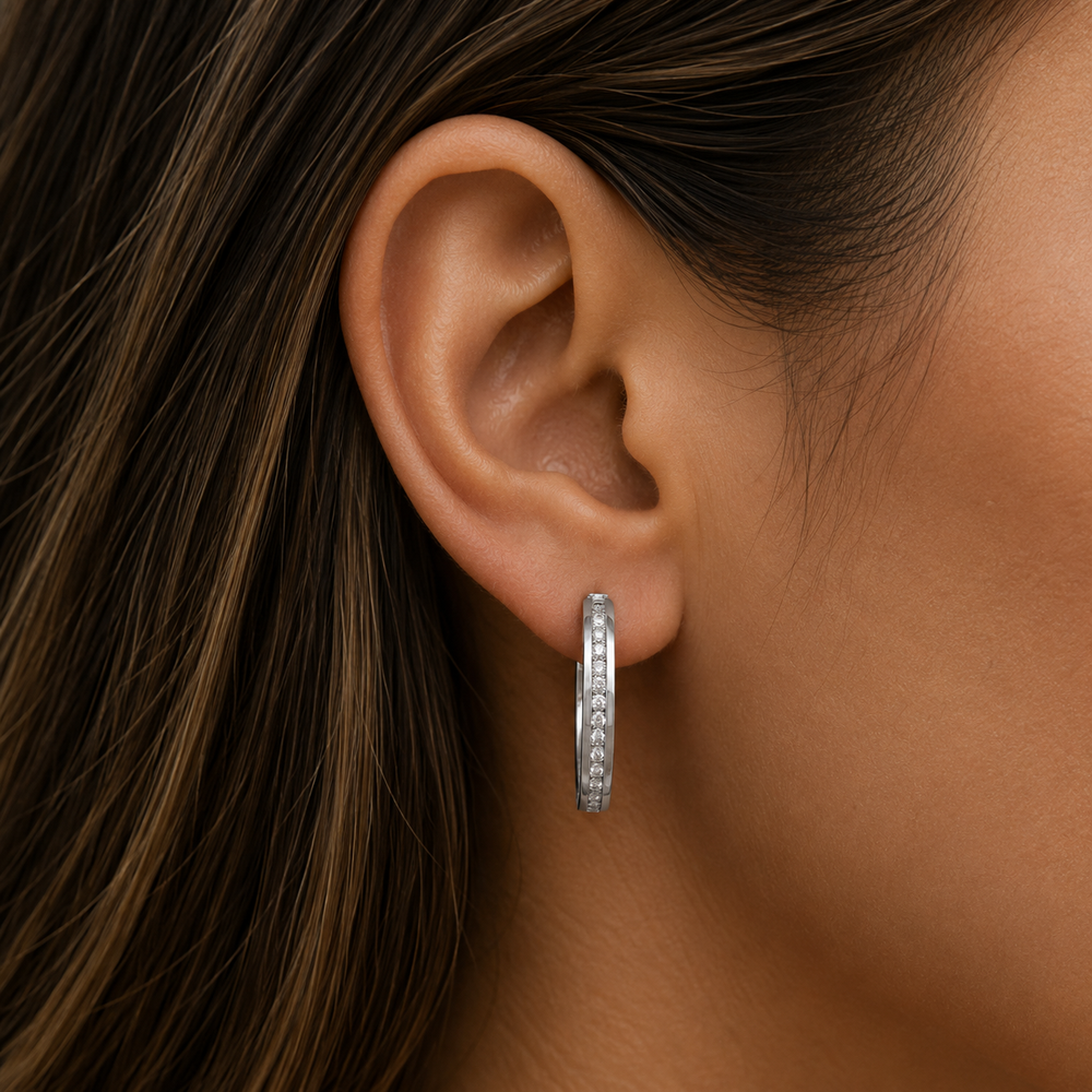 White Gold CZ Hoop Earrings, 19mm - worn on ear