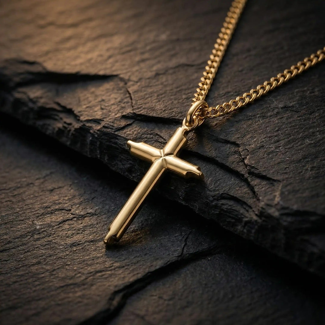 Stepped Latin Yellow Gold Cross Pendant on stone