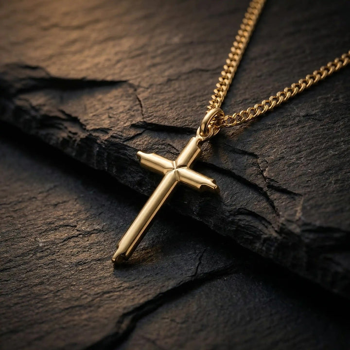 Stepped Latin Yellow Gold Cross Pendant on stone