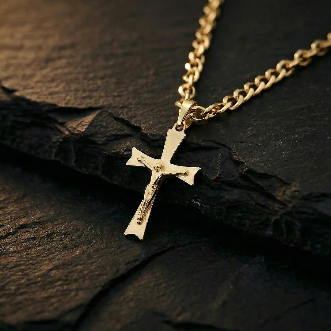 Flared Crucifix Yellow Gold Cross Pendant on stone