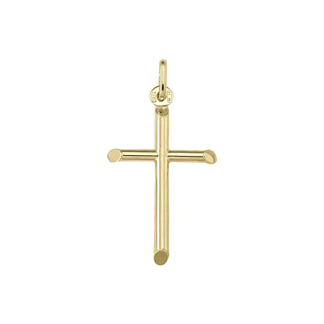 Tubular Latin Yellow Gold Cross Pendant on white background