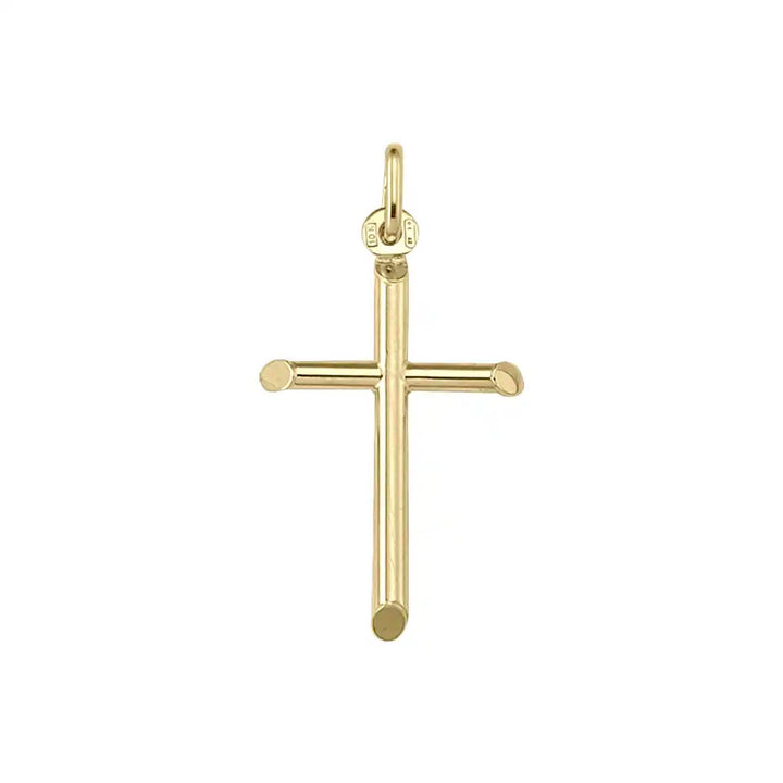 Tubular Latin Yellow Gold Cross Pendant on white background