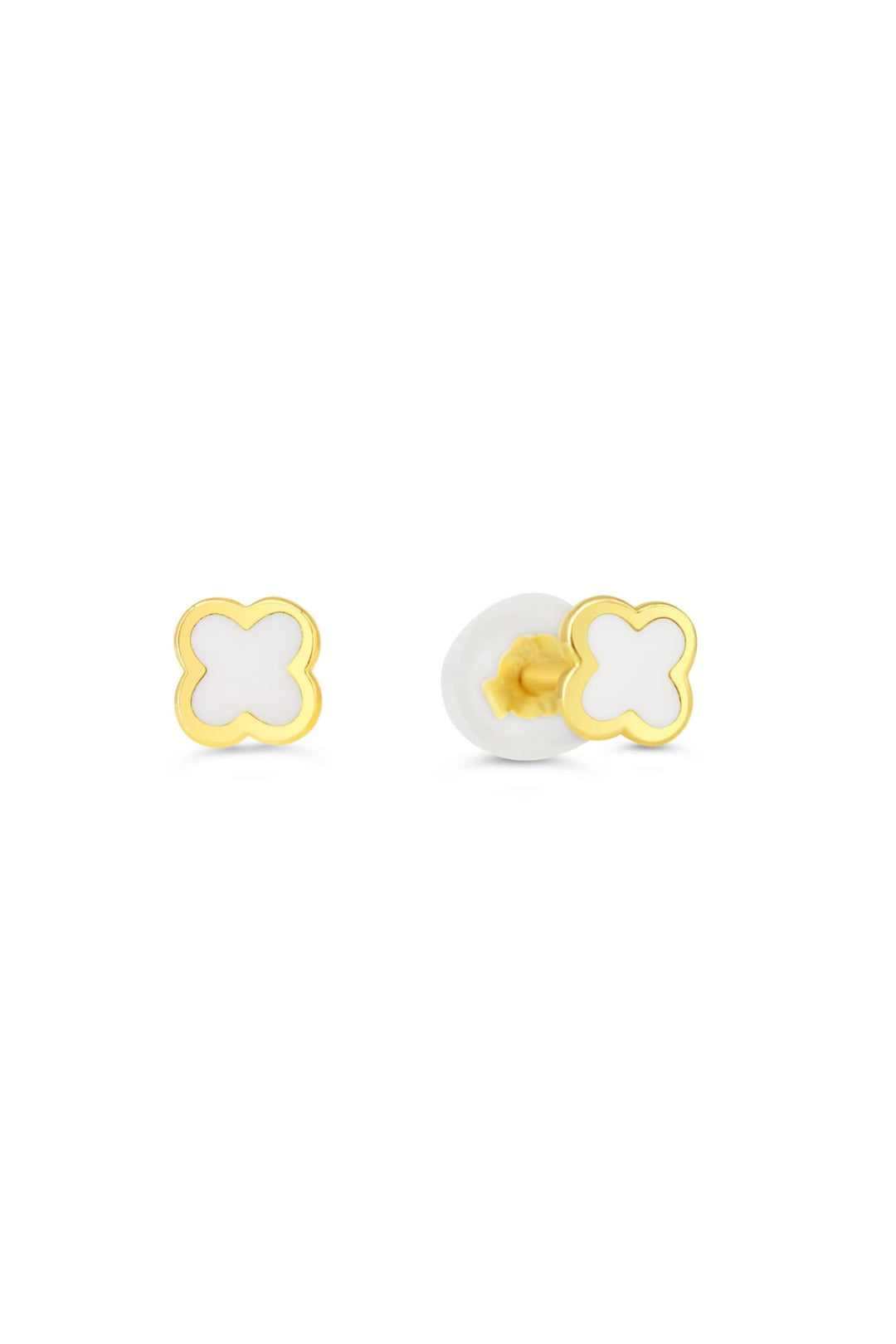 14K Enamel Clover Screwback Stud Earrings, White
