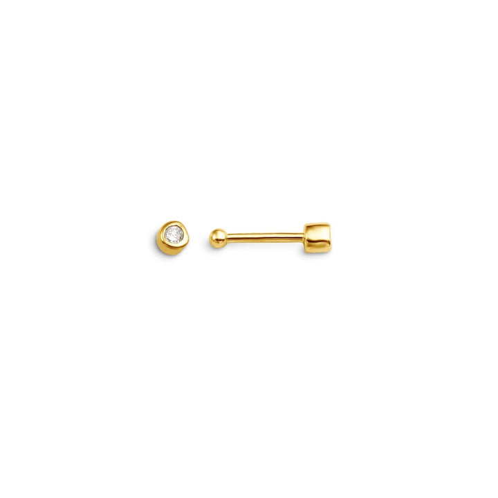 14K yellow gold bezel-set diamond nose stud, front and side view