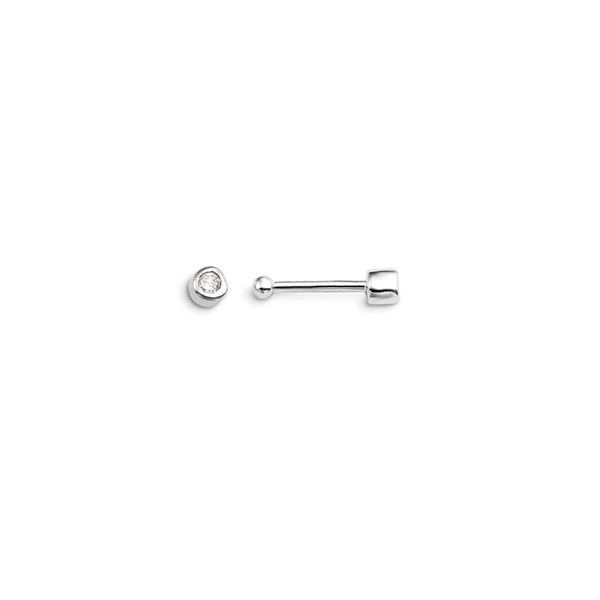 14K white gold bezel-set diamond nose stud, front and side view