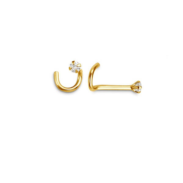 14K yellow gold curved 4-claw CZ nose stud, front and side view