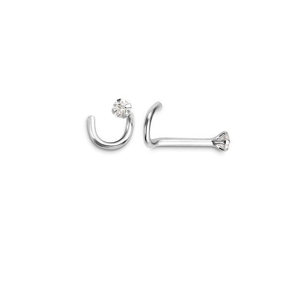 14K white gold curved 4-claw CZ nose stud, front and side view