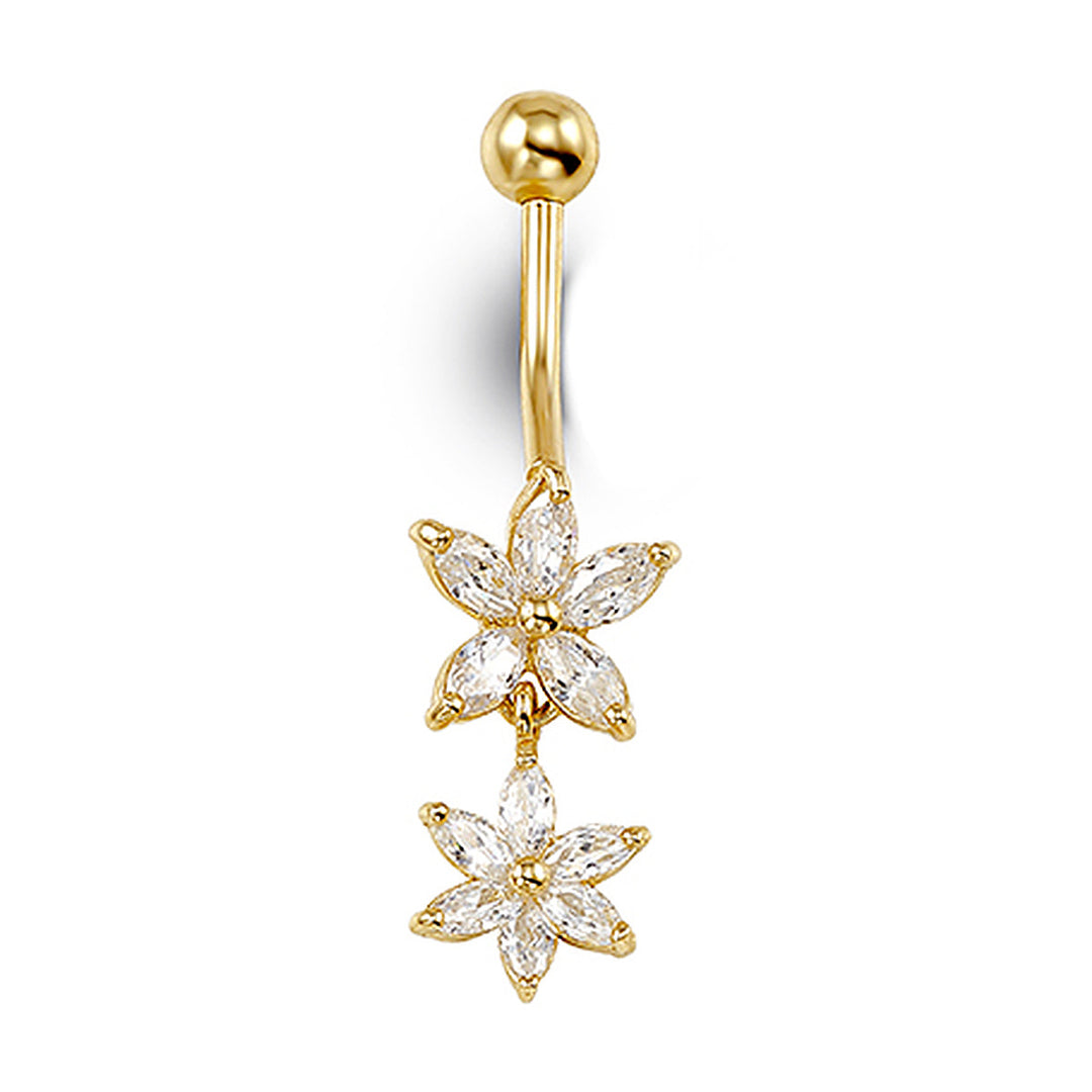 14K yellow gold dangling flower CZ belly ring