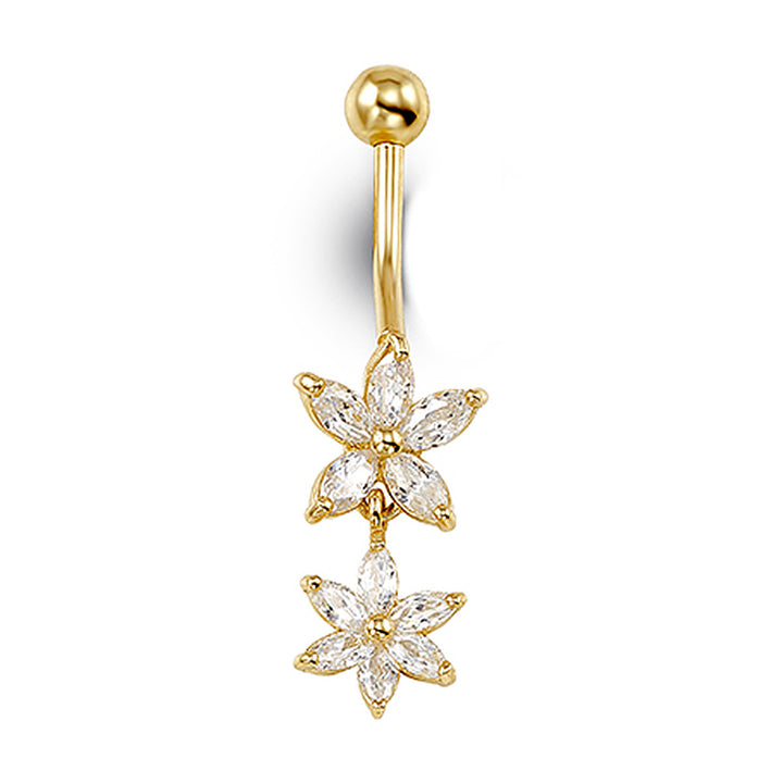 14K yellow gold dangling flower CZ belly ring