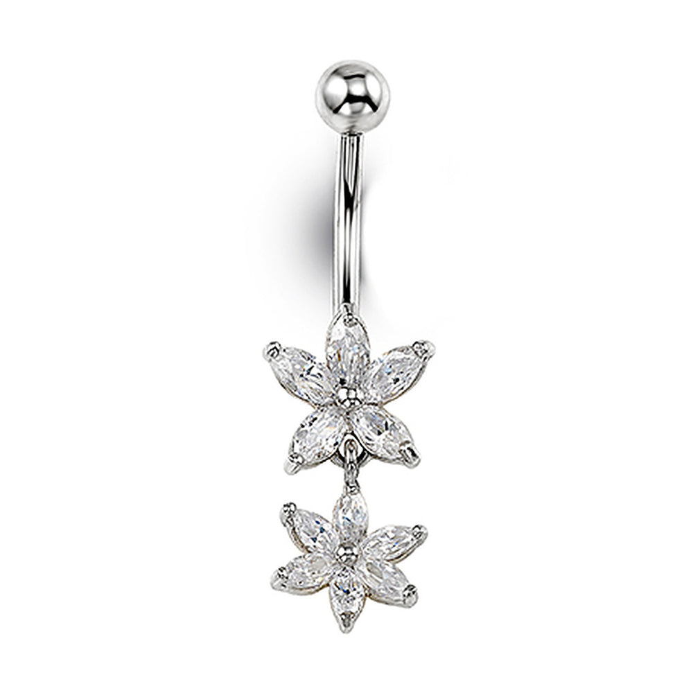 14K white gold dangling flower CZ belly ring