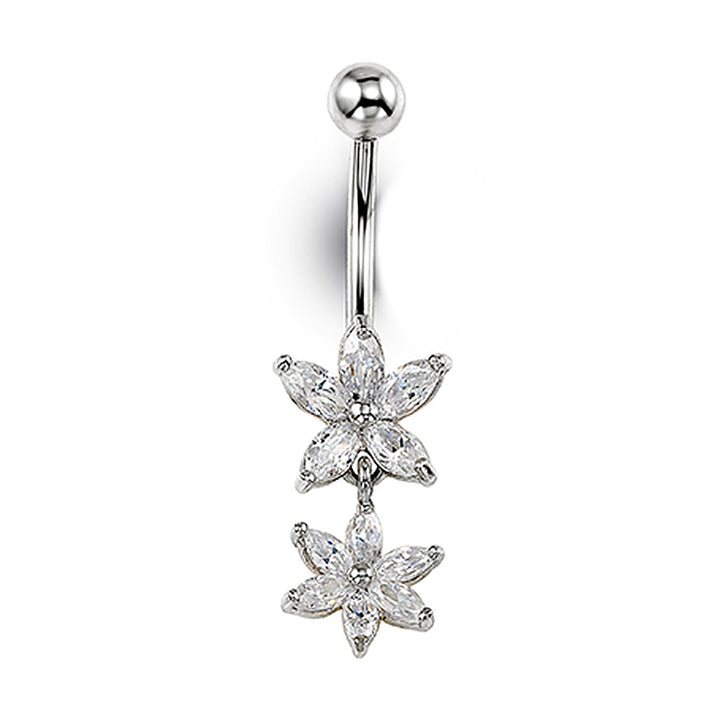 14K white gold dangling flower CZ belly ring