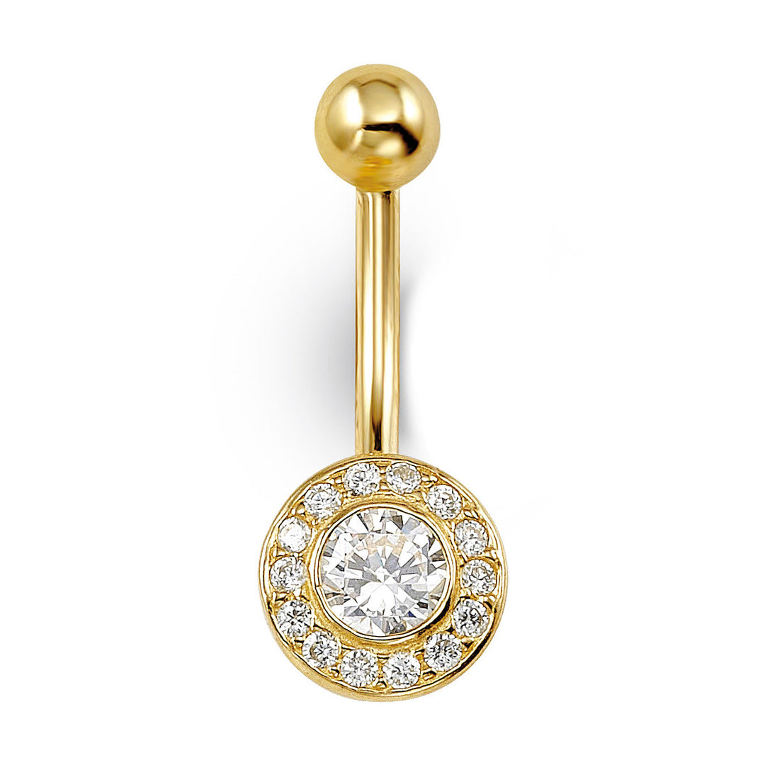 14K yellow gold halo CZ belly ring