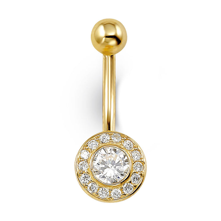 14K yellow gold halo CZ belly ring