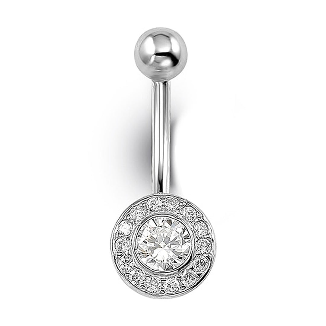 14K white gold halo CZ belly ring