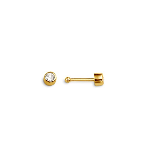 14K yellow gold bezel-set CZ nose stud, front and side view