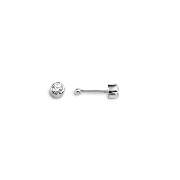 14K white gold bezel-set CZ nose stud, front and side view