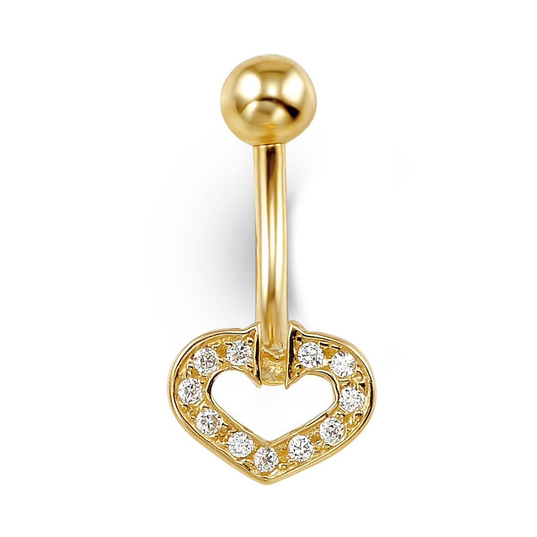 14K yellow gold open heart CZ belly ring