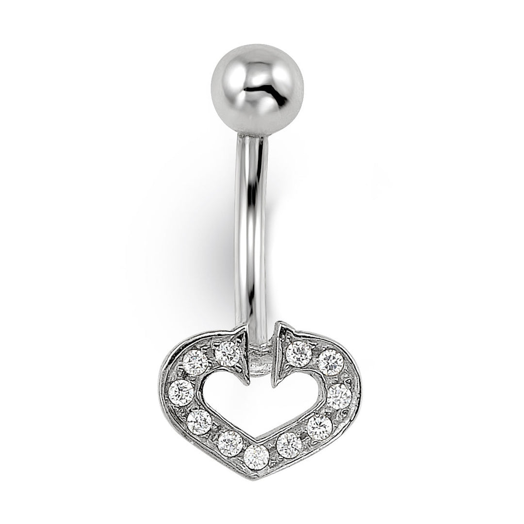 14K white gold open heart CZ belly ring
