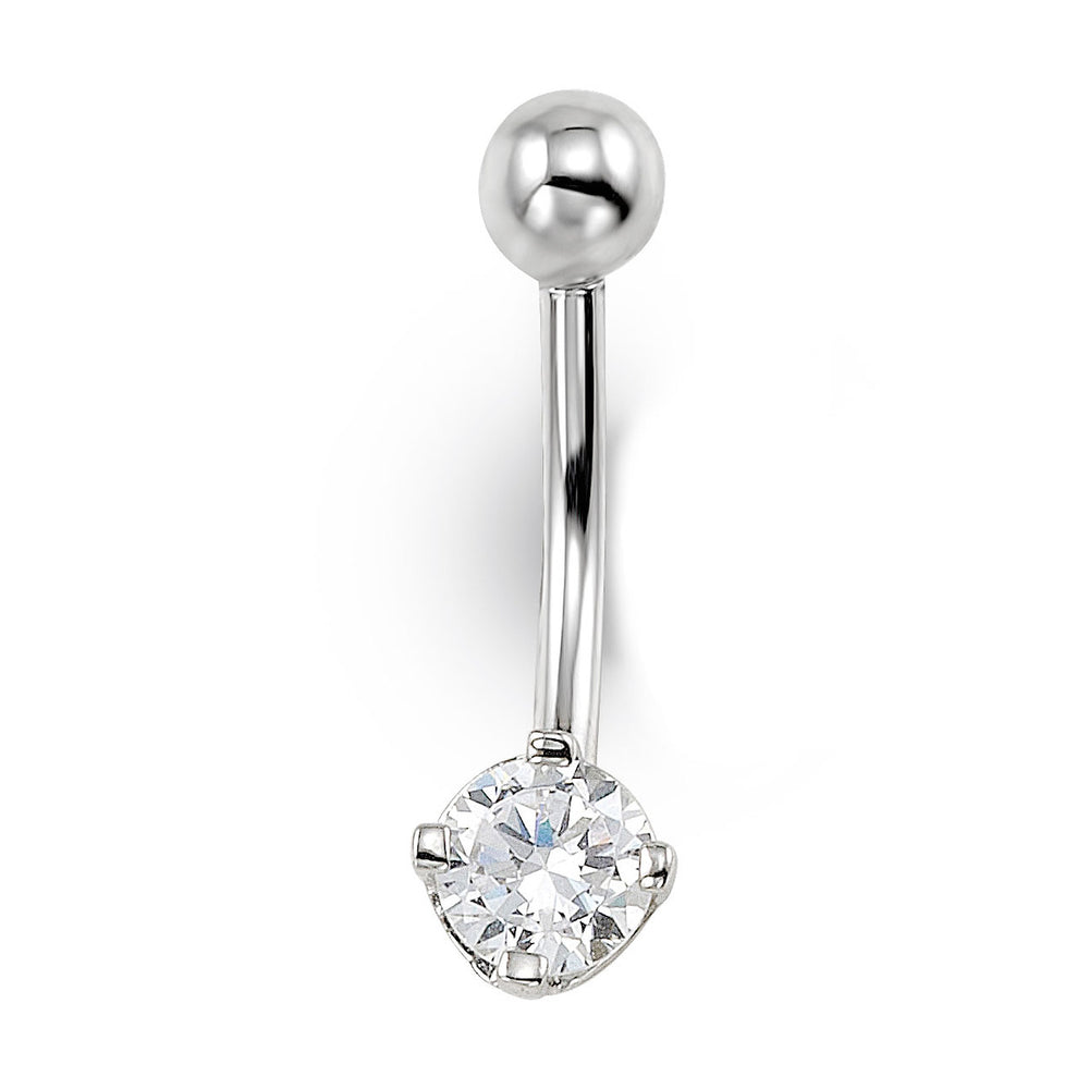 14K white gold round CZ belly ring
