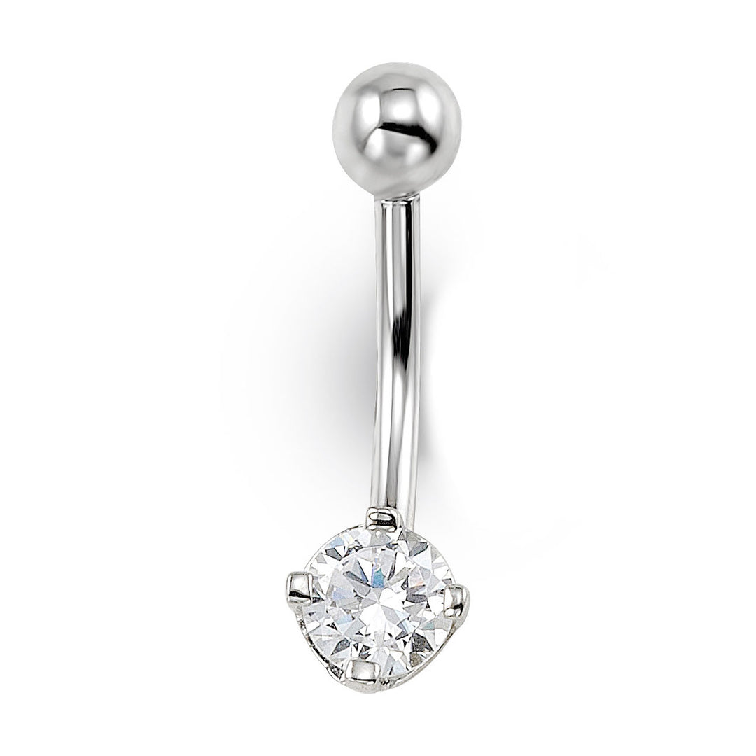 14K white gold round CZ belly ring