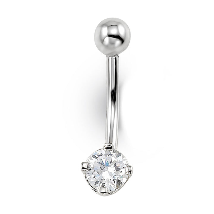 14K white gold round CZ belly ring