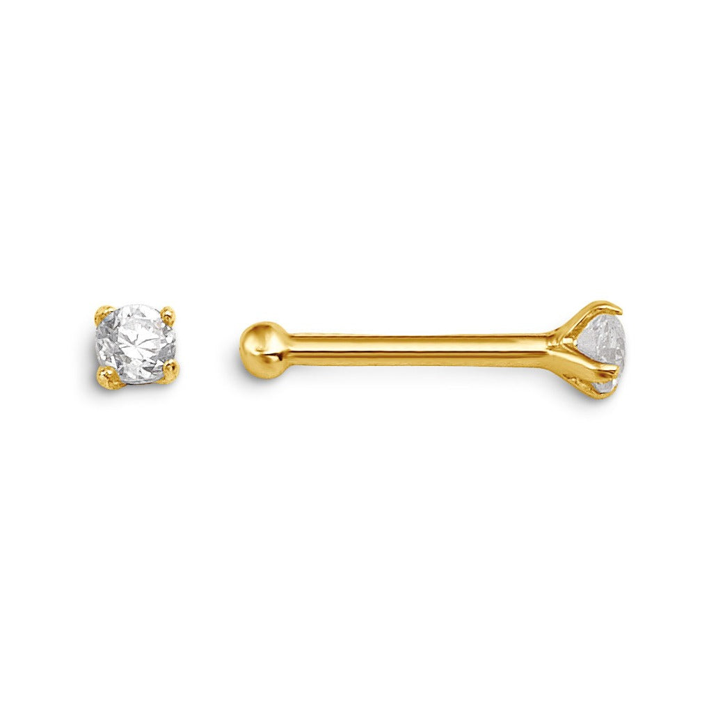 14K yellow gold 4-claw CZ nose stud, front and side view