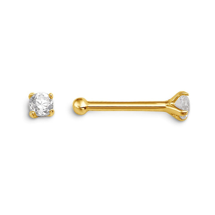 14K yellow gold 4-claw CZ nose stud, front and side view