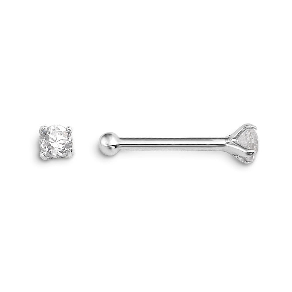 14K white gold 4-claw CZ nose stud, front and side view