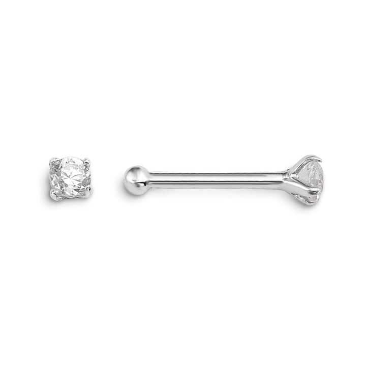 14K white gold 4-claw CZ nose stud, front and side view