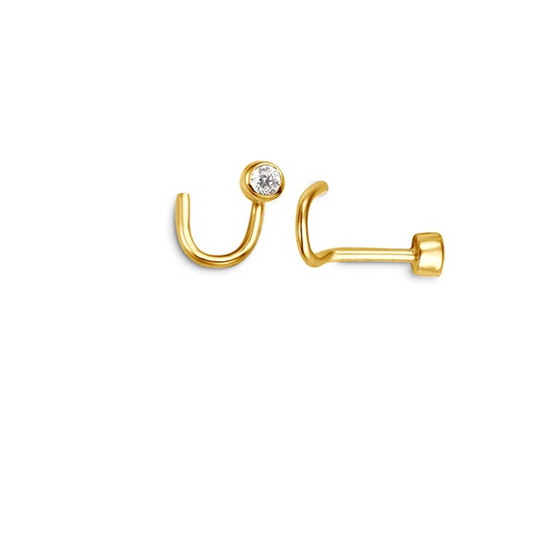 14K yellow gold curved bezel-set CZ nose stud, front and side view