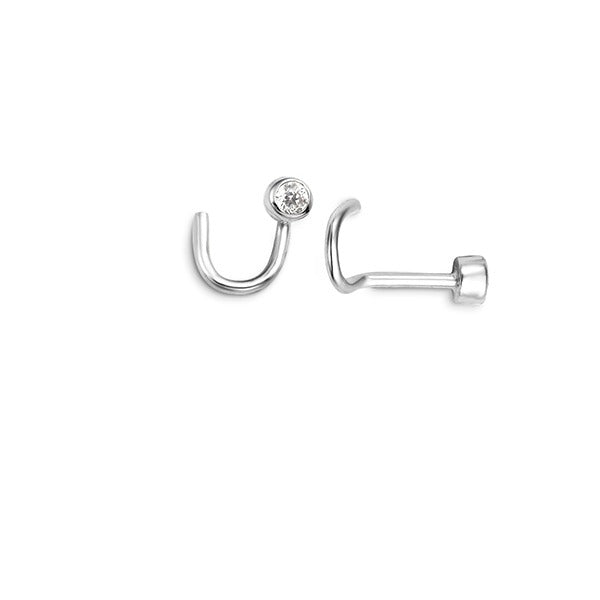 14K white gold curved bezel-set CZ nose stud, front and side view