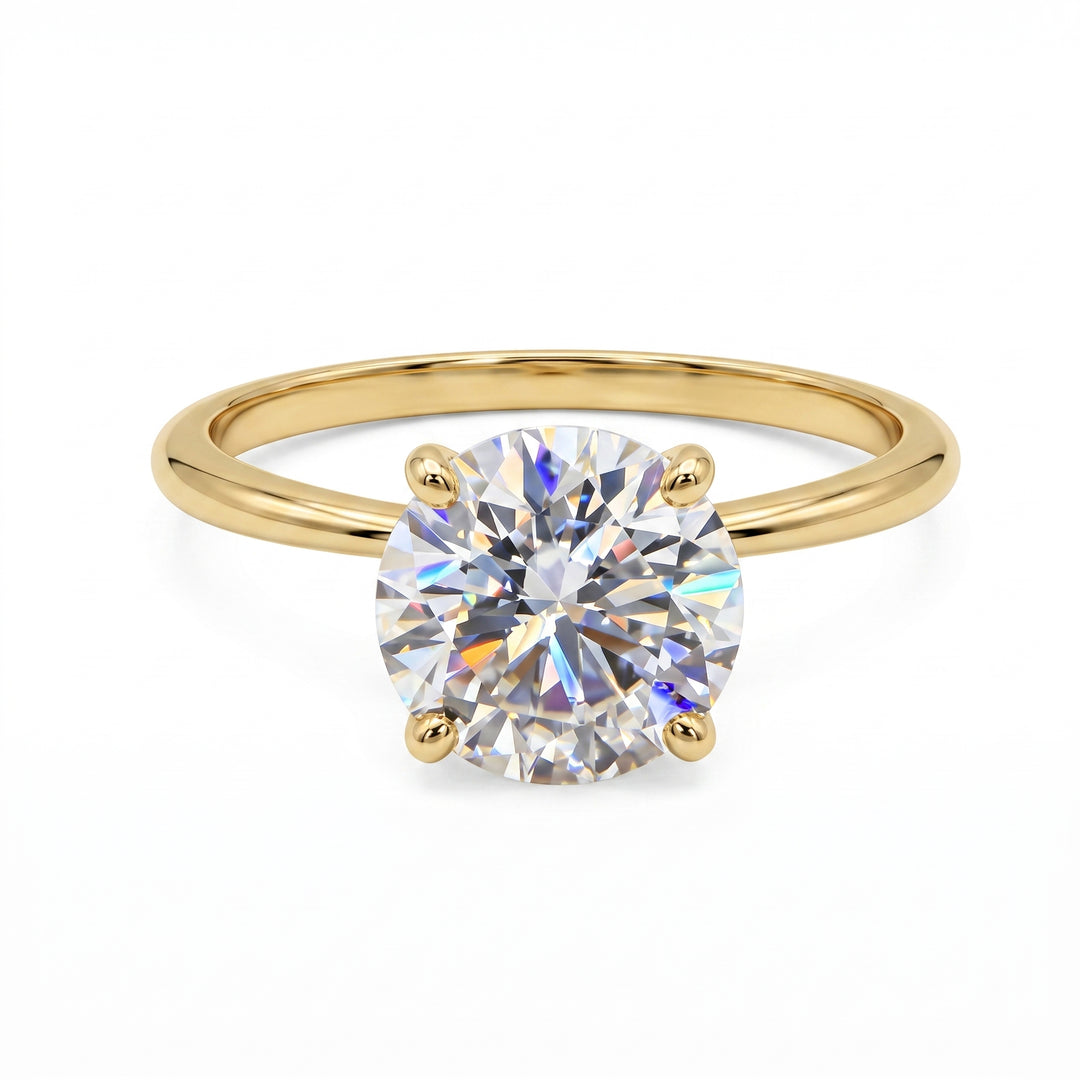 14K yellow gold 1.48 ct round colourless moissanite solitaire ring - main front view
