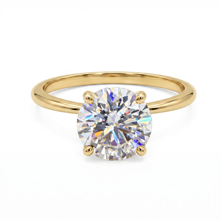 14K yellow gold 1.48 ct round colourless moissanite solitaire ring - main front view