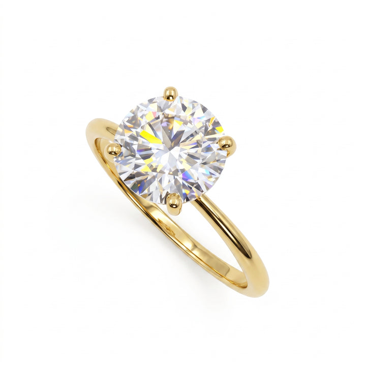14K yellow gold 1.48 ct round colourless moissanite solitaire ring close-up detail