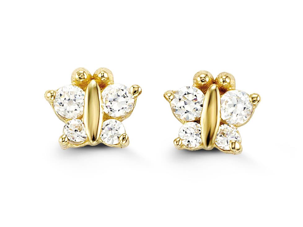 14K Butterfly CZ Screwback Stud Earrings - April (clear CZ)