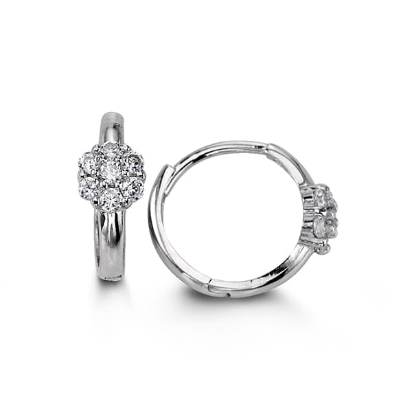 14K Cluster CZ Huggie Earrings - 14k White Gold