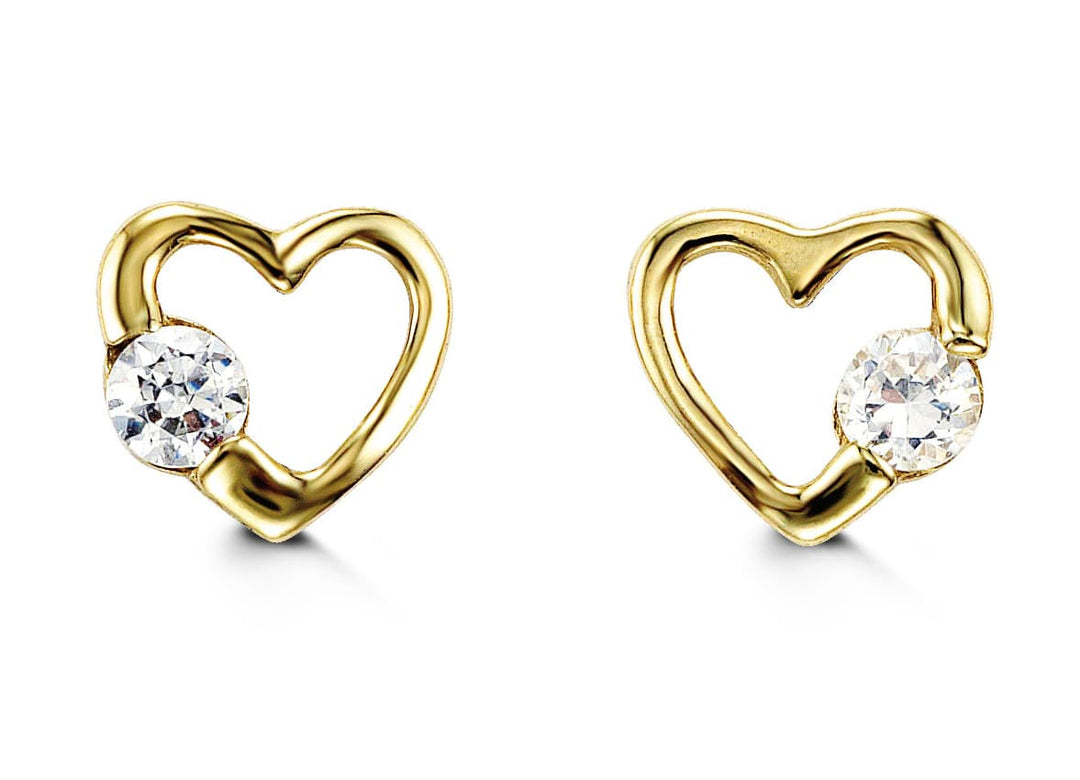 14K Heart Single CZ Screwback Stud Earrings, 6.6mm - 14k Yellow Gold
