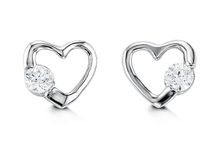 14K Heart Single CZ Screwback Stud Earrings, 6.6mm - 14k White Gold