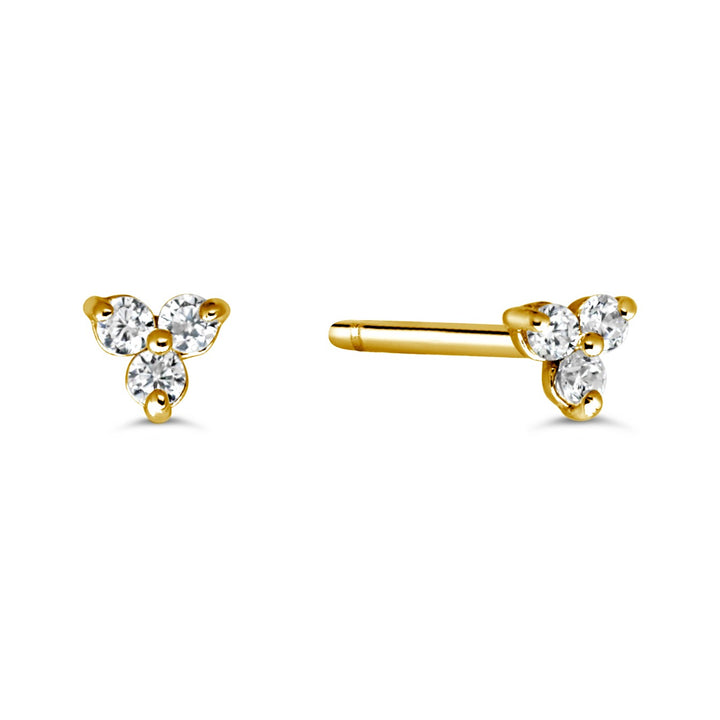 14K yellow gold triangle trio CZ nose stud, front and side view