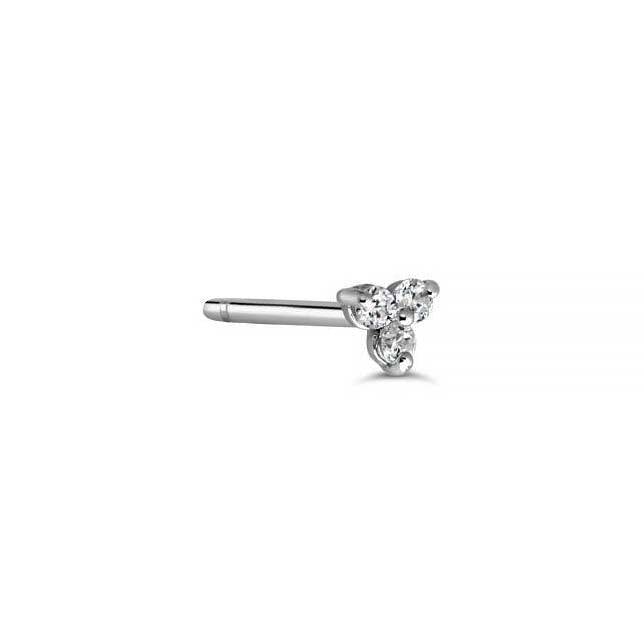14K white gold triangle trio CZ nose stud, side view